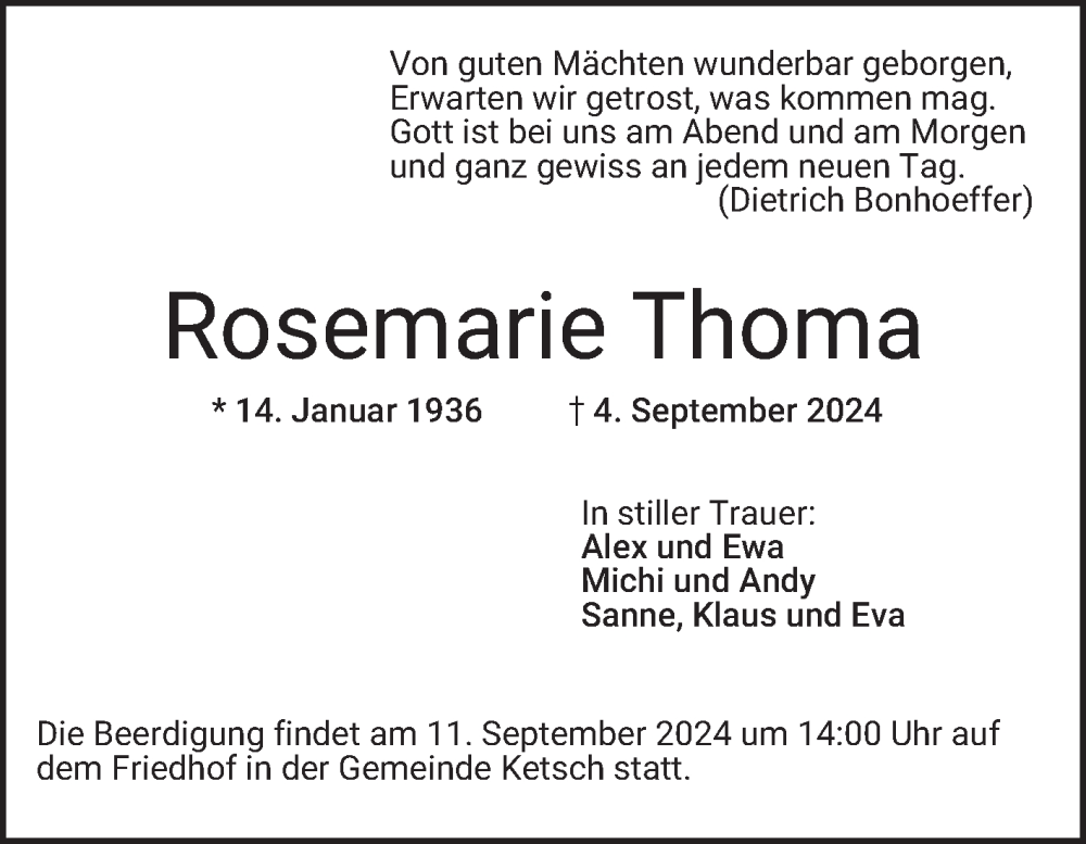  Traueranzeige für Rosemarie Thoma vom 07.09.2024 aus Schwetzinger Zeitung