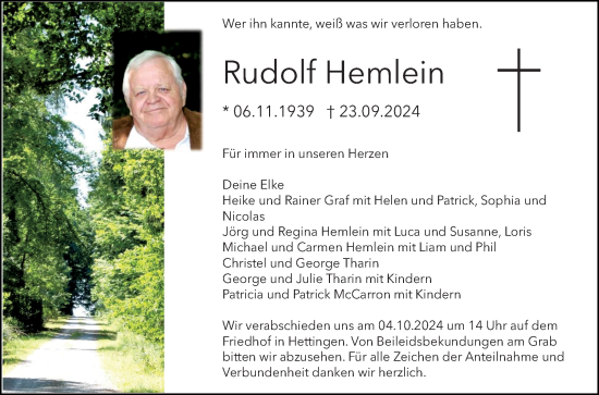 Traueranzeige von Rudolf Hemlein von Fränkische Nachrichten