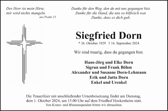 Traueranzeige von Siegfried Dorn von Schwetzinger Zeitung