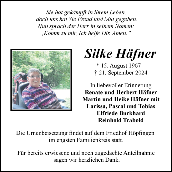 Traueranzeige von Silke Häfner von Fränkische Nachrichten