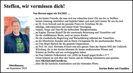 Traueranzeige von Steffen  von Fränkische Nachrichten