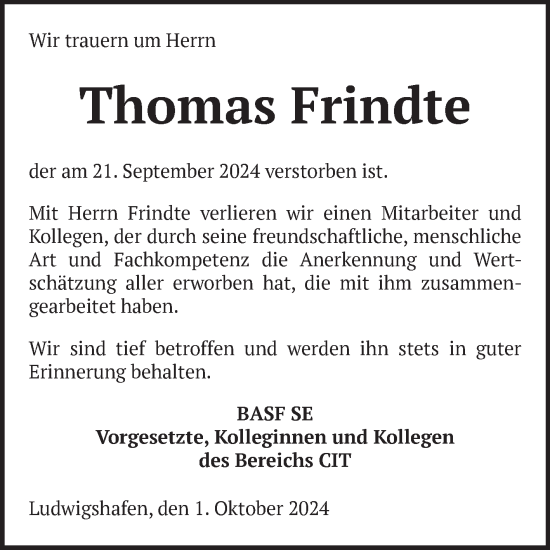 Traueranzeige von Thomas Frindte von Mannheimer Morgen