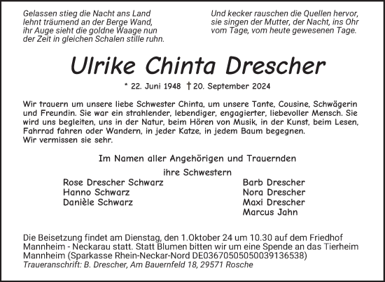 Traueranzeige von Ulrike Chinta Drescher von Mannheimer Morgen