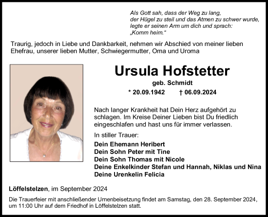 Traueranzeige von Ursula Hofstetter von Fränkische Nachrichten