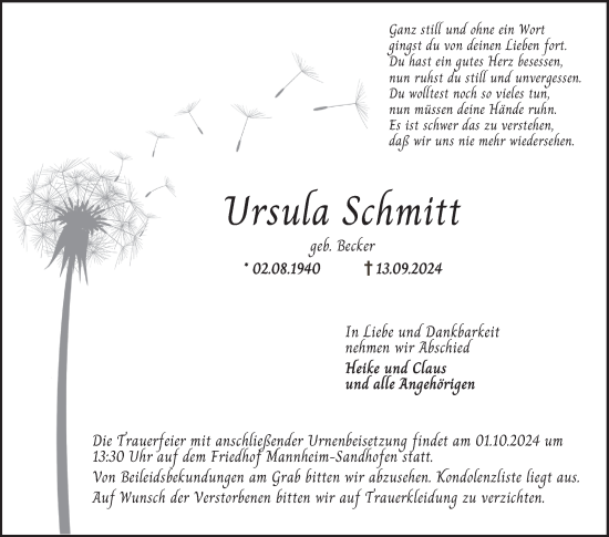 Traueranzeige von Ursula Schmitt von Mannheimer Morgen