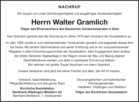 Traueranzeige von Walter Gramlich von Fränkische Nachrichten