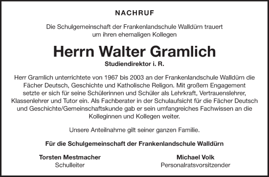 Traueranzeige von Walter Gramlich von Fränkische Nachrichten