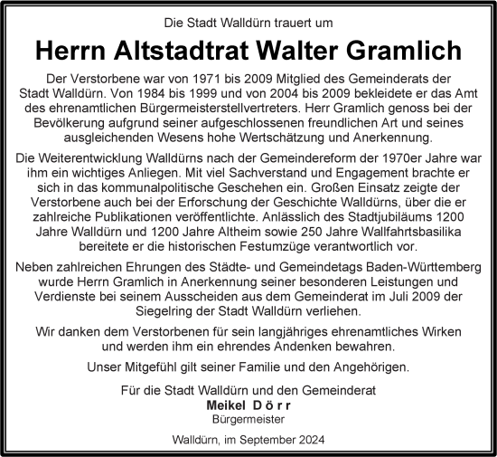 Traueranzeige von Walter Gramlich von Fränkische Nachrichten