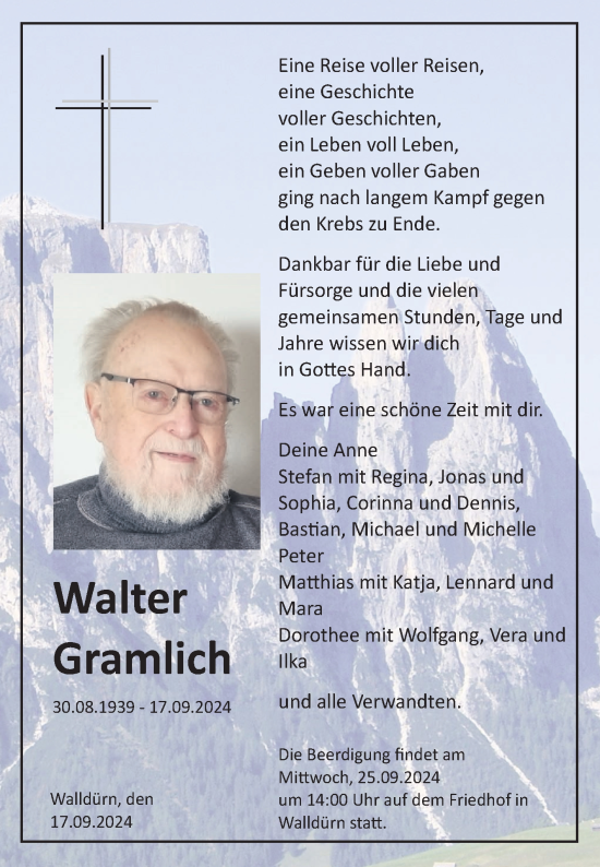 Traueranzeige von Walter Gramlich von Fränkische Nachrichten