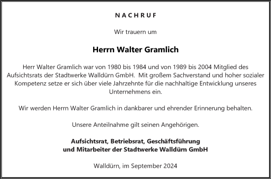 Traueranzeige von Walter Gramlich von Fränkische Nachrichten