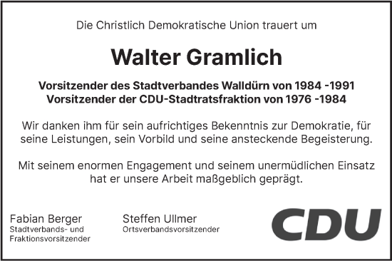 Traueranzeige von Walter Gramlich von Fränkische Nachrichten