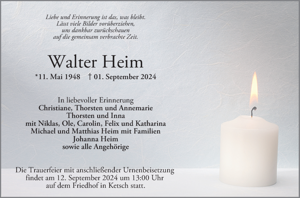  Traueranzeige für Walter Heim vom 07.09.2024 aus Schwetzinger Zeitung