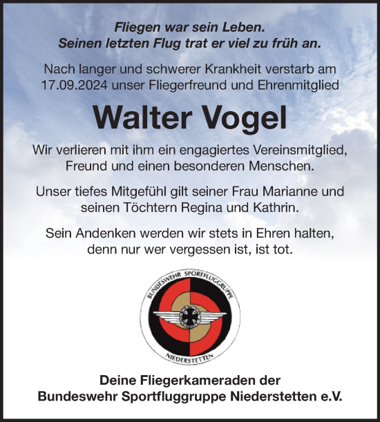 Traueranzeige von Walter Vogel von Fränkische Nachrichten