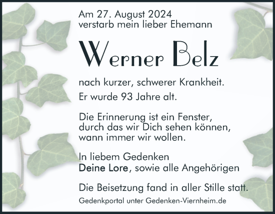 Traueranzeige von Werner Belz von Mannheimer Morgen