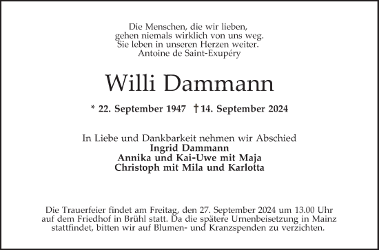 Traueranzeige von Willi Dammann von Schwetzinger Zeitung