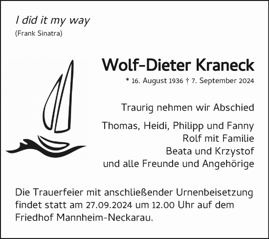 Traueranzeige von Wolf-Dieter Kraneck von Mannheimer Morgen