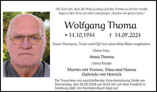 Traueranzeige von Wolfgang Thoma von Fränkische Nachrichten