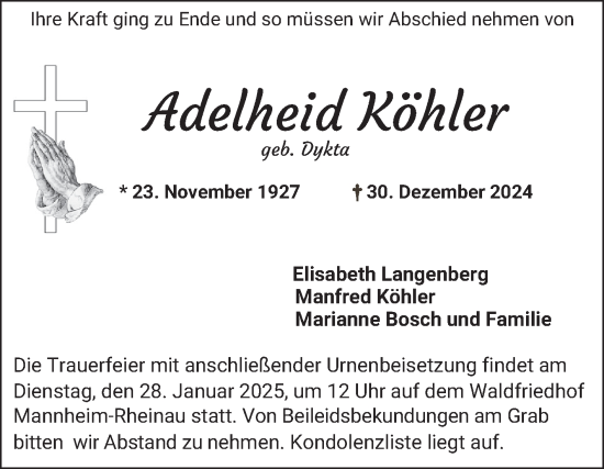 Traueranzeige von Adelheid Köhler von Mannheimer Morgen