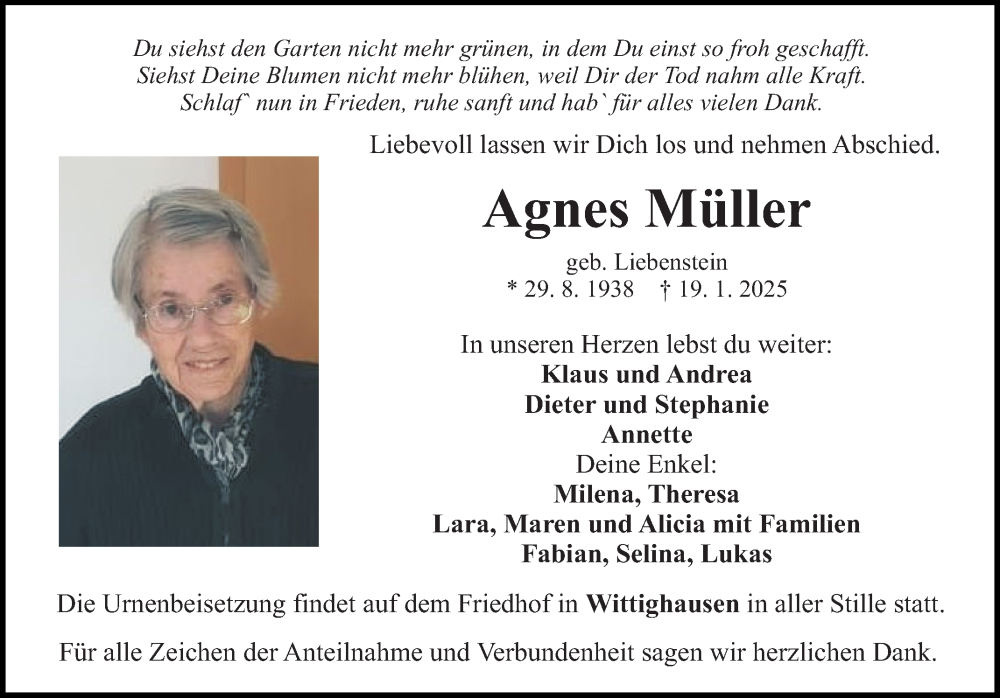  Traueranzeige für Agnes Müller vom 25.01.2025 aus Fränkische Nachrichten