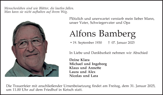 Traueranzeige von Alfons Bamberg von Schwetzinger Zeitung