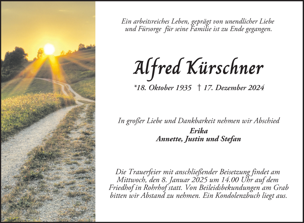  Traueranzeige für Alfred Kürschner vom 04.01.2025 aus Schwetzinger Zeitung