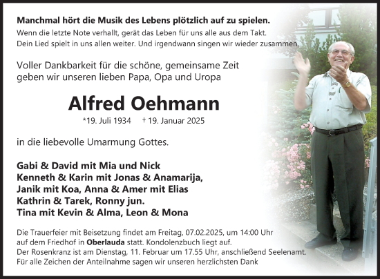 Traueranzeige von Alfred Oehmann von Fränkische Nachrichten