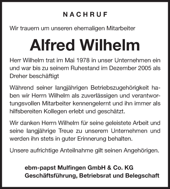 Traueranzeige von Alfred Wilhelm von Fränkische Nachrichten