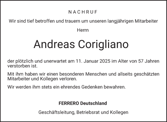 Traueranzeige von Andreas Corigliano von Bergsträßer Anzeiger