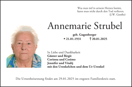 Traueranzeige von Annemarie Strubel von Bergsträßer Anzeiger