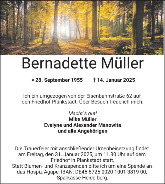 Traueranzeige von Bernadette Müller von Schwetzinger Zeitung