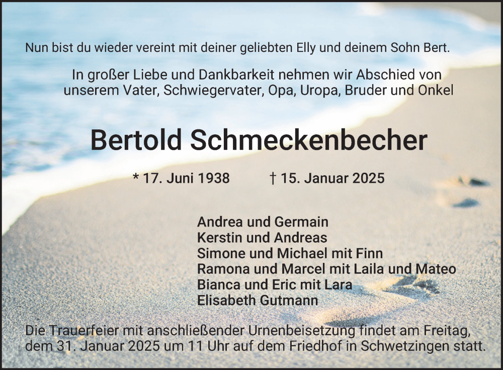  Traueranzeige für Bertold Schmeckenbecher vom 25.01.2025 aus Schwetzinger Zeitung