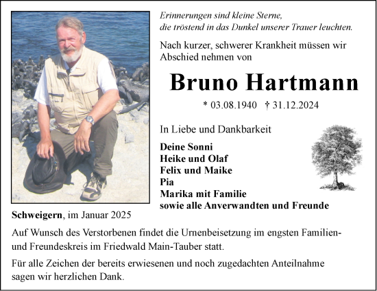 Traueranzeige von Bruno Hartmann von Fränkische Nachrichten