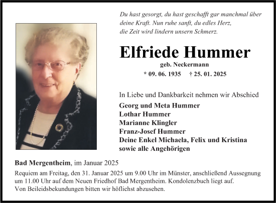 Traueranzeige von Elfriede Hummer von Fränkische Nachrichten