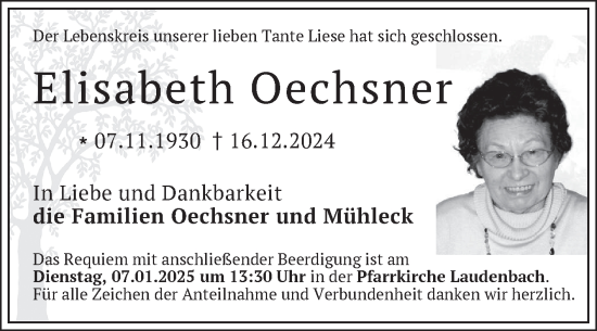 Traueranzeige von Elisabeth Oechsner von Fränkische Nachrichten