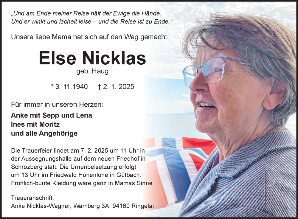  Traueranzeige für Else Nicklas vom 01.02.2025 aus Fränkische Nachrichten
