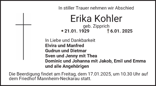 Traueranzeige von Erika Kohler von Mannheimer Morgen