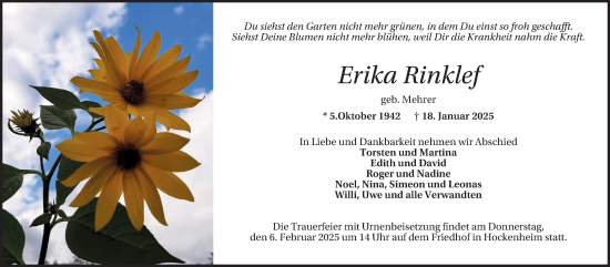 Traueranzeige von Erika Rinklef von Schwetzinger Zeitung