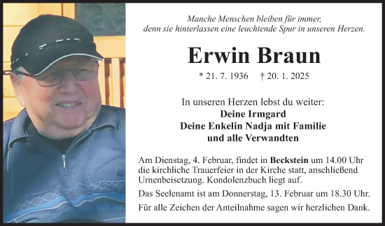 Traueranzeige von Erwin Braun von Fränkische Nachrichten