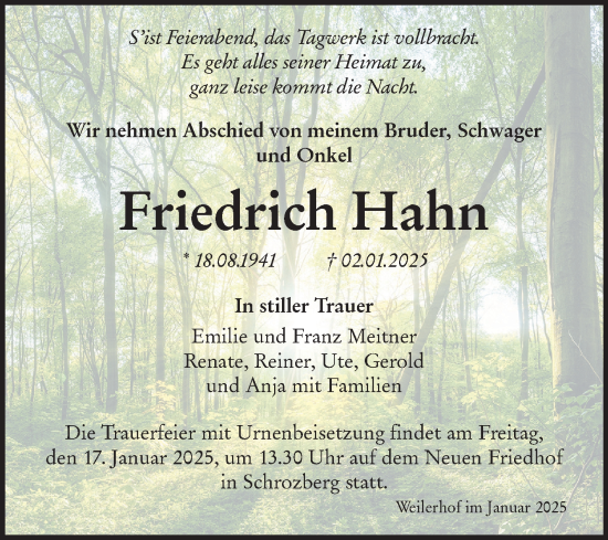 Traueranzeige von Friedrich Hahn von Fränkische Nachrichten