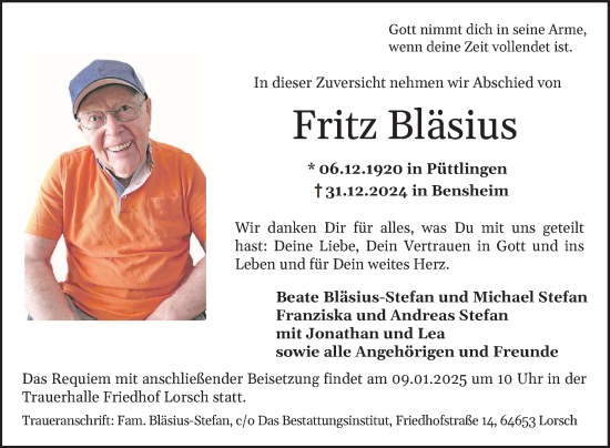 Traueranzeige von Fritz Bläsius von Bergsträßer Anzeiger