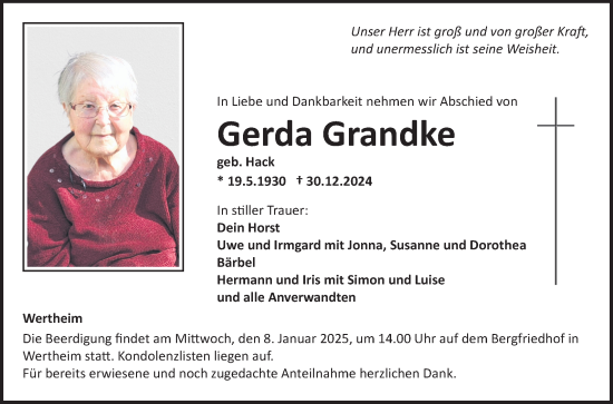 Traueranzeige von Gerda Grandke von Fränkische Nachrichten