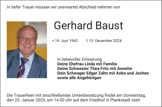 Traueranzeige von Gerhard Baust von Schwetzinger Zeitung