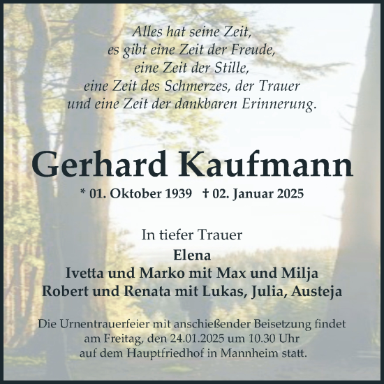 Traueranzeige von Gerhard Kaufmann von Mannheimer Morgen