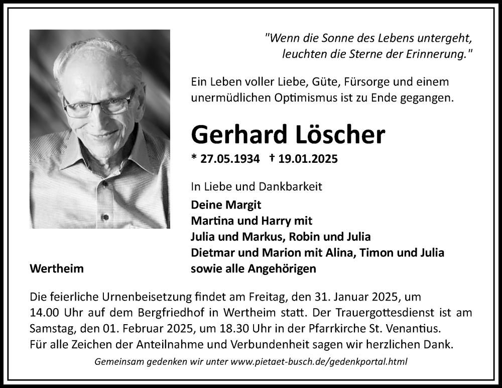  Traueranzeige für Gerhard Löscher vom 25.01.2025 aus Fränkische Nachrichten