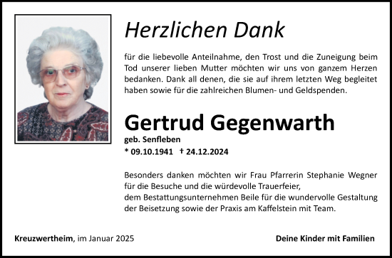 Traueranzeige von Gertrud Gegenwarth von Fränkische Nachrichten