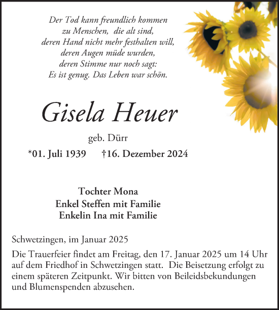 Traueranzeige von Gisela Heuer von Schwetzinger Zeitung