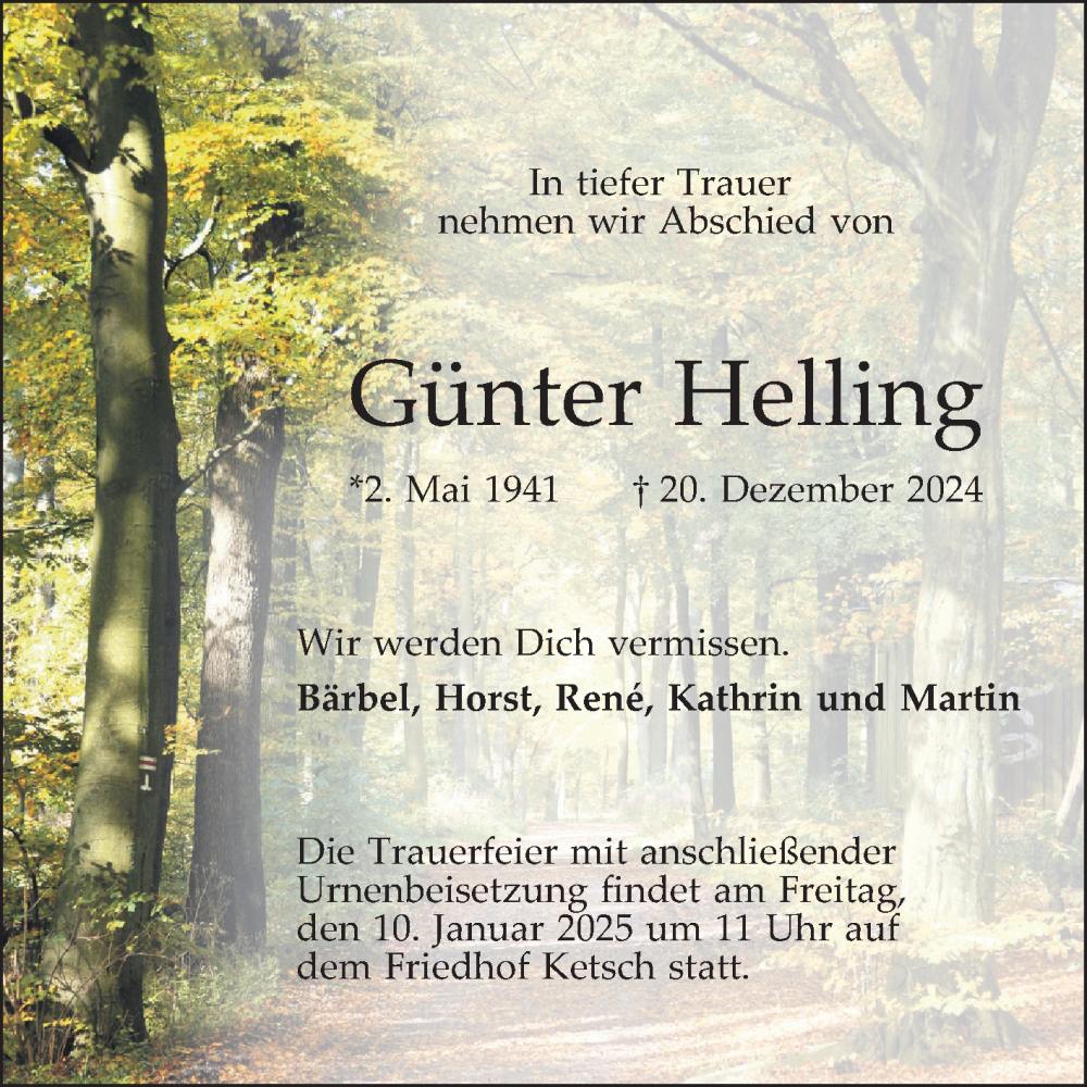 Traueranzeige für Günter Helling vom 04.01.2025 aus Schwetzinger Zeitung