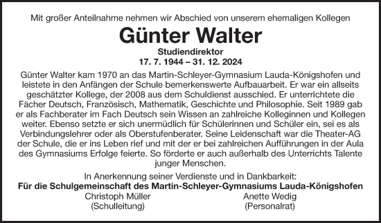 Traueranzeige von Günter Walter von Fränkische Nachrichten