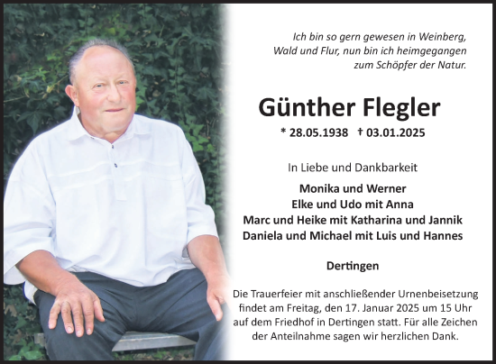 Traueranzeige von Günther Flegler von Fränkische Nachrichten