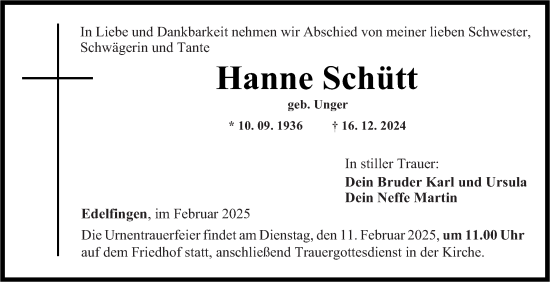 Traueranzeige von Hanne Schütt von Fränkische Nachrichten
